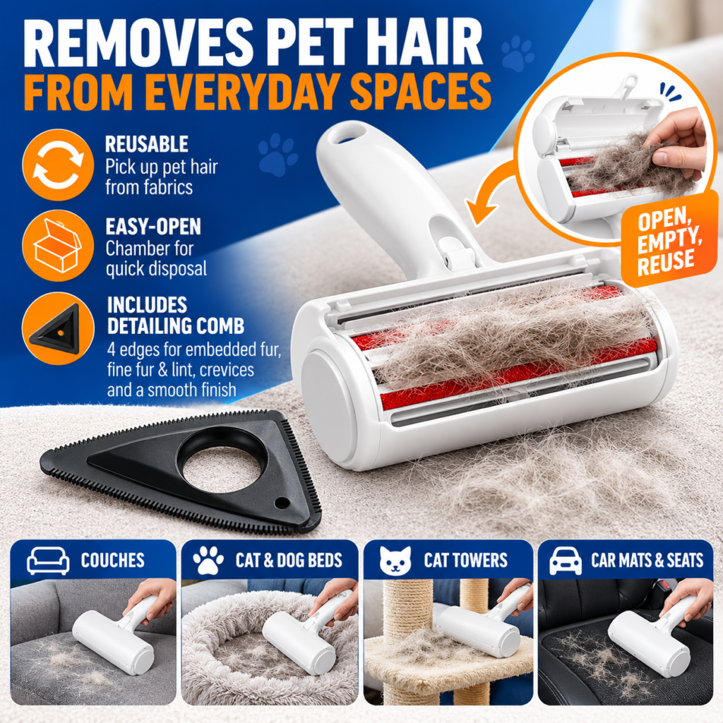 Infographic showing a reusable white pet hair roller collecting fur from upholstery, with supported use-case callouts.