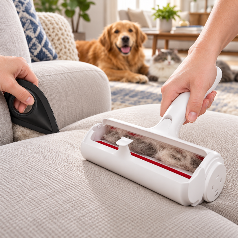 Hand using a white reusable pet hair roller on a fabric couch while collected fur sits inside the chamber.