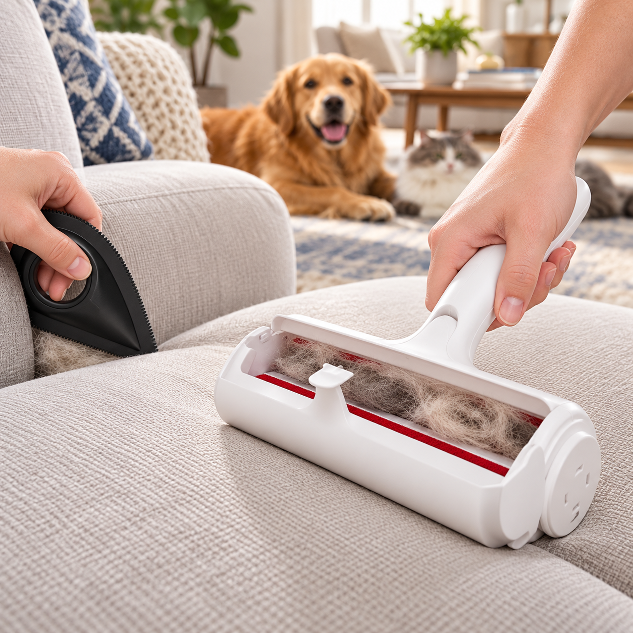 Hand using a white reusable pet hair roller on a fabric couch while collected fur sits inside the chamber.