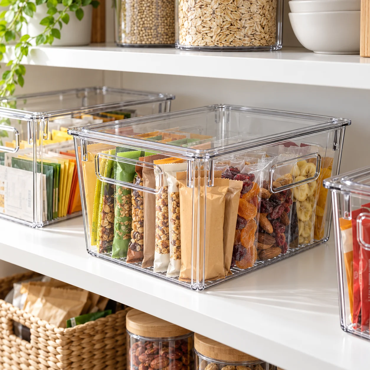 Clear pantry storage bins with lids with built-in handles holding assorted snack packets on a shelf.