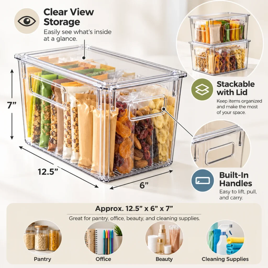 Clear pantry storage bin infographic showing transparent walls, lid, built-in handles and approximate 12.5 by 6 by 7 inch dimensions.
