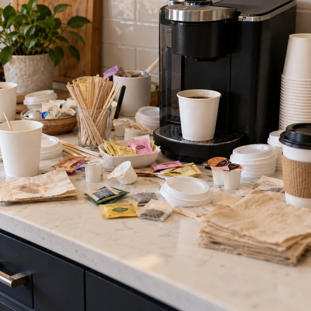 Coffee machine surrounded by loose cups, lids, stirrers, napkins and condiment packets on a cluttered countertop.