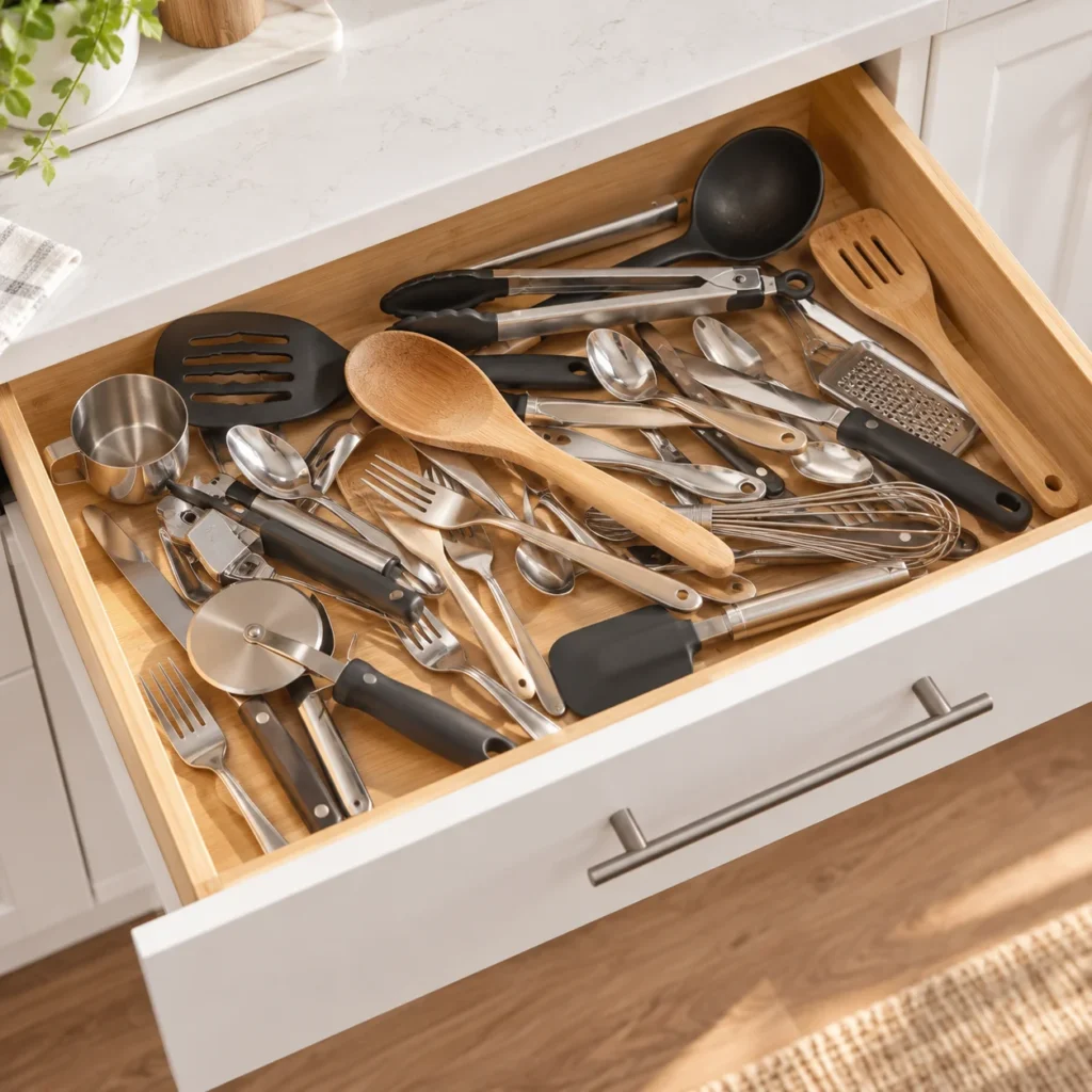 Open kitchen drawer filled with mixed silverware and cooking utensils before adding a expandable bamboo silverware organizer.