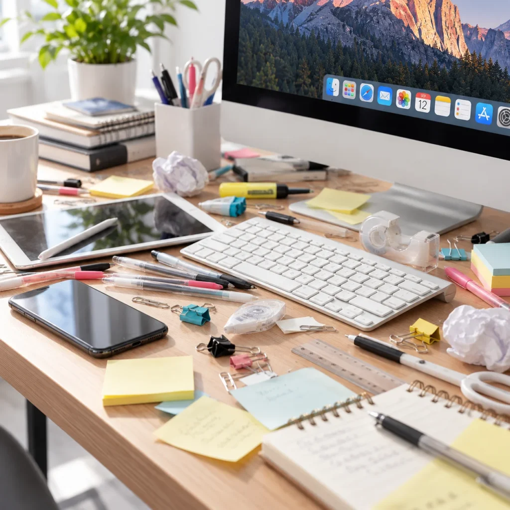 Cluttered computer desk with pens, sticky notes, clips, phone, tape, notebook and other office supplies scattered around the keyboard, before using desktop whiteboard.