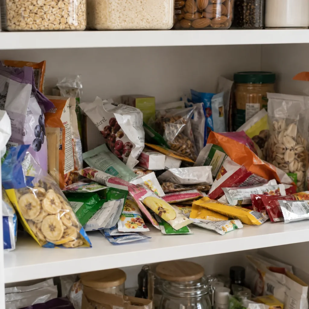 Cluttered pantry shelf filled with loose snack packets before adding clear storage bins.