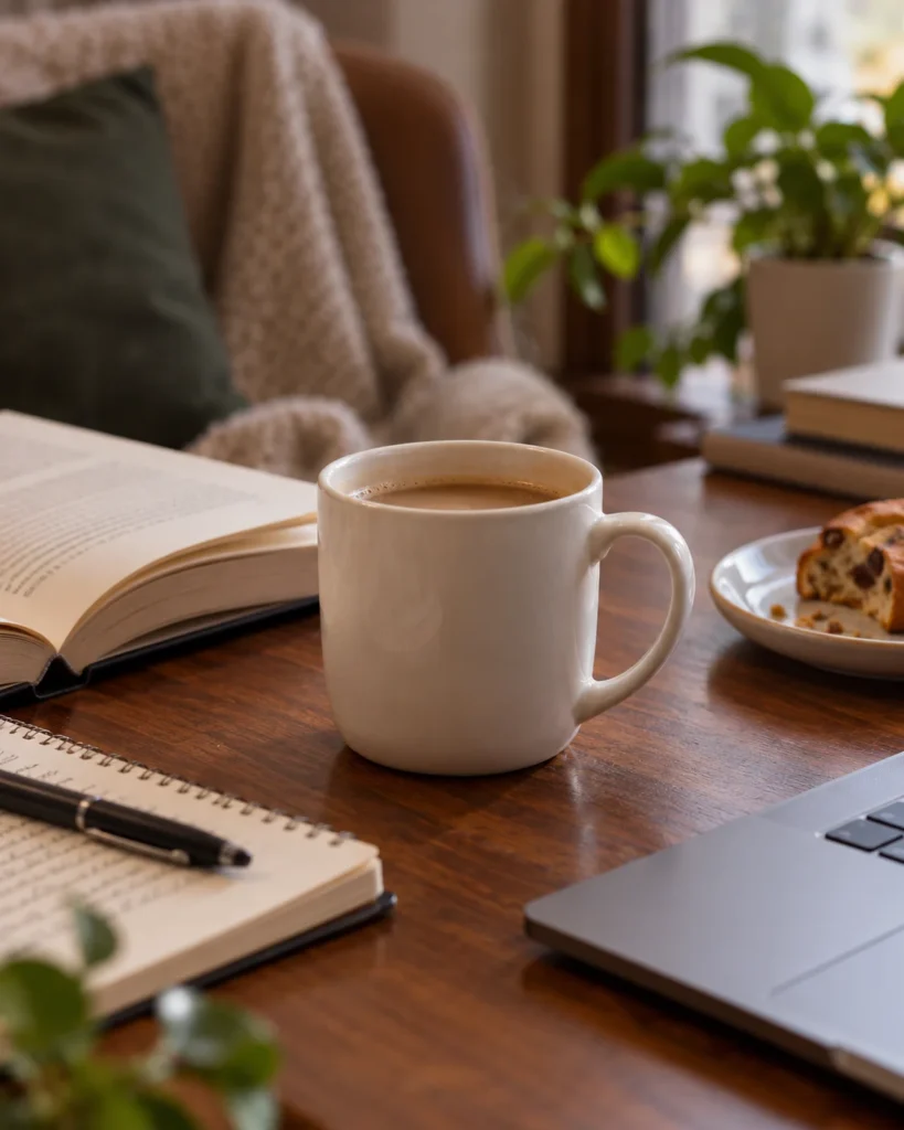 White coffee mug sitting on a wooden desk beside a laptop and open book without a mug warmer.