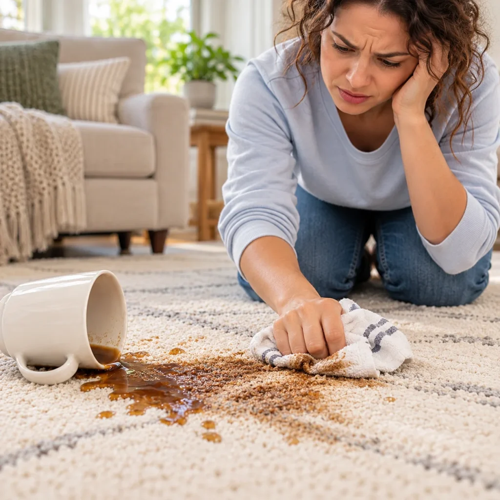 Coffee spill on a light carpet before using the BISSELL Little Green carpet cleaner.