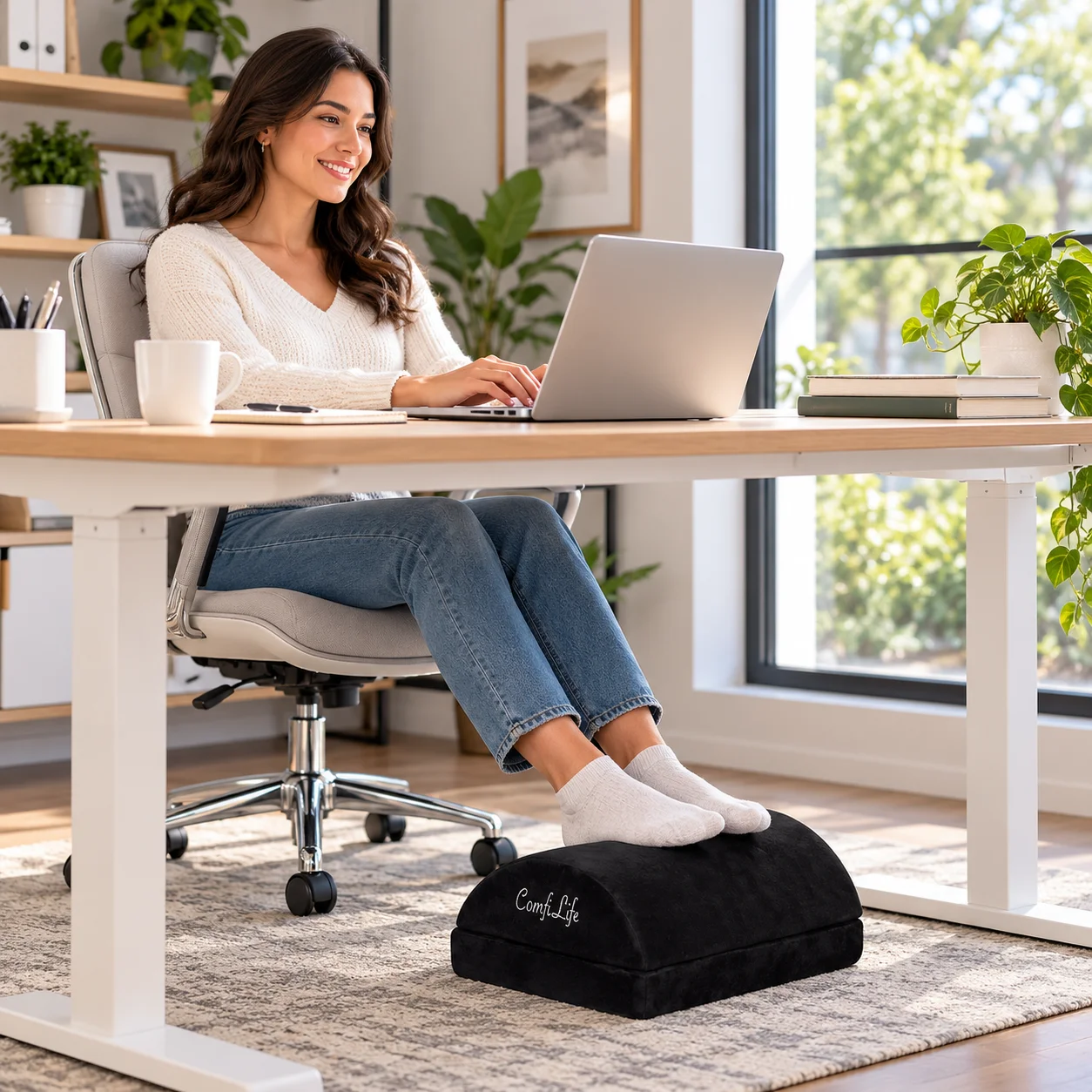ComfiLife Foot Rest under a desk supporting a seated user’s feet during laptop work.