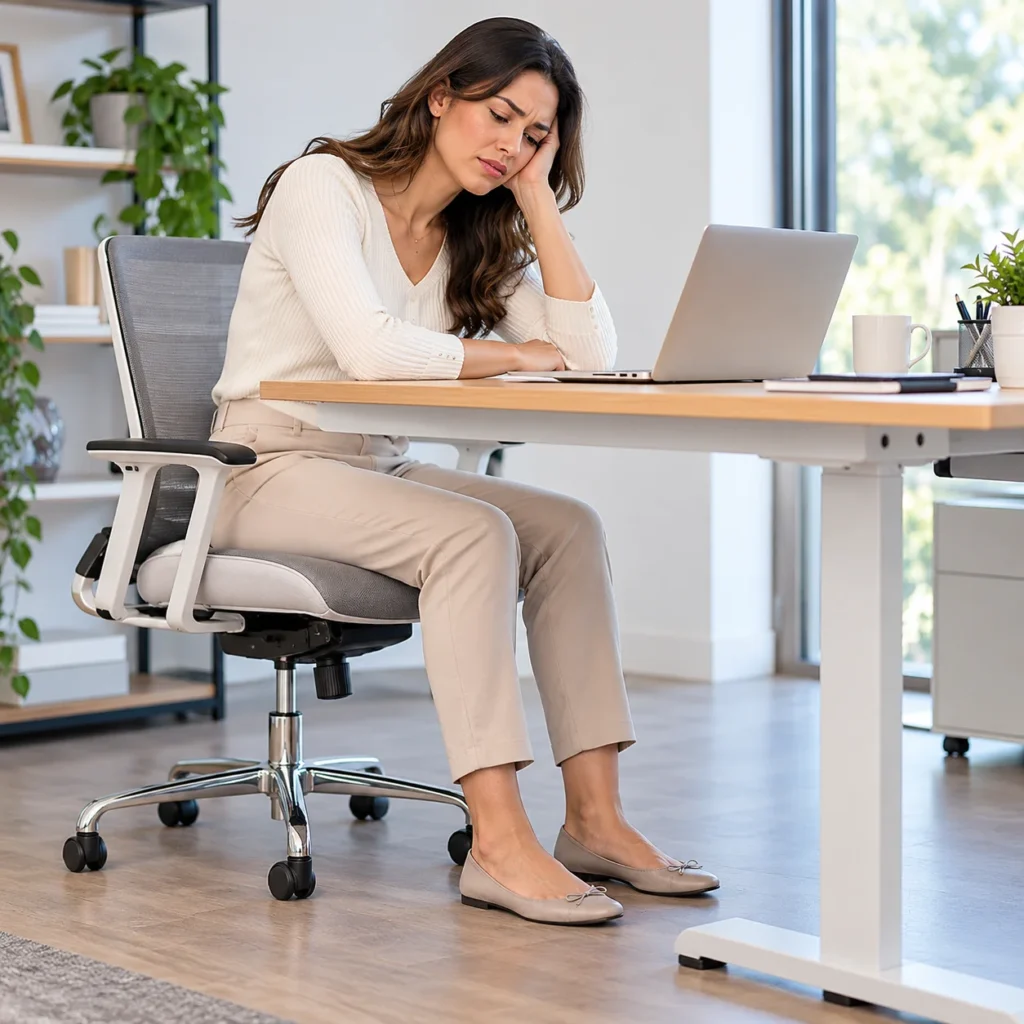 Woman sitting at a desk with her feet unsupported on the floor before adding an under-desk foot rest.