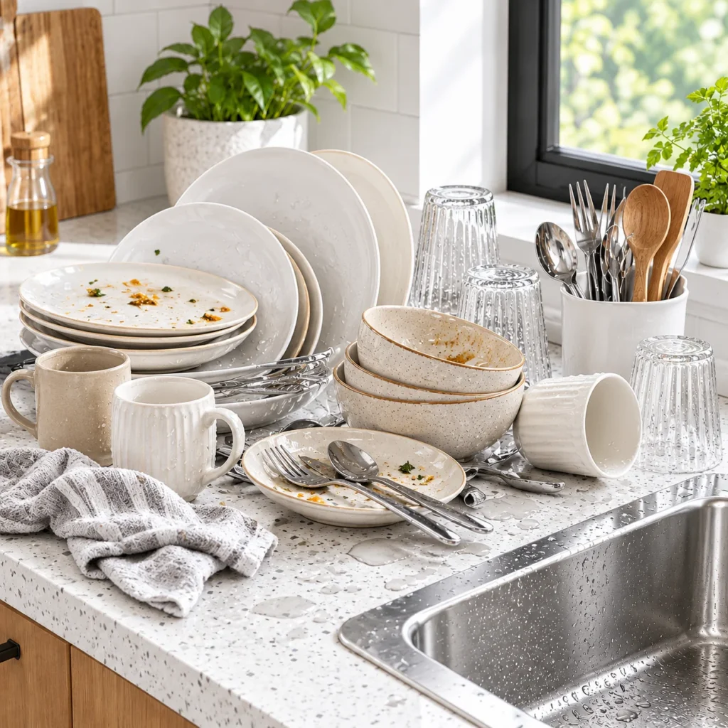SNTD dish drying rack before scene with wet dishes and cutlery cluttering the kitchen counter.