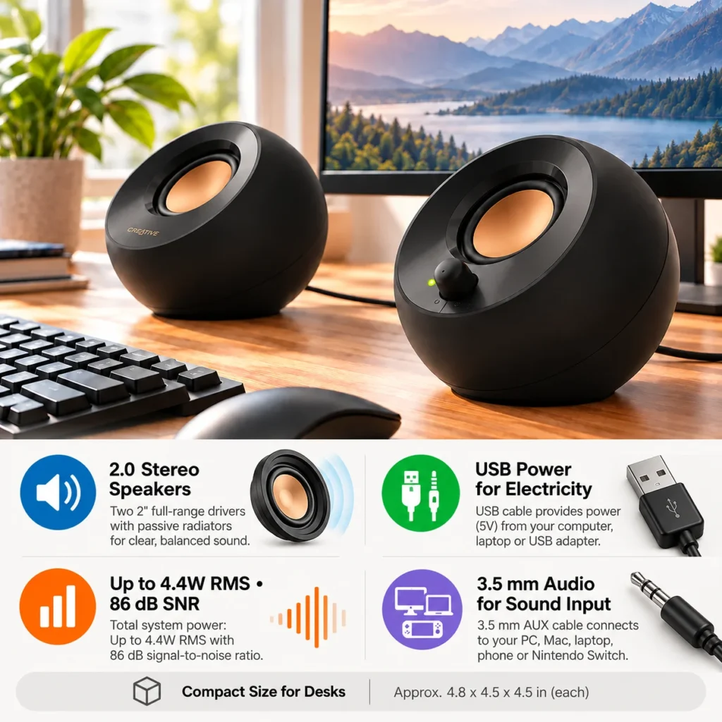 Infographic showing Creative Pebble 2.0 speakers with 2-inch drivers, USB power, 3.5 mm audio, 4.4W RMS, 86 dB SNR, and compact dimensions.