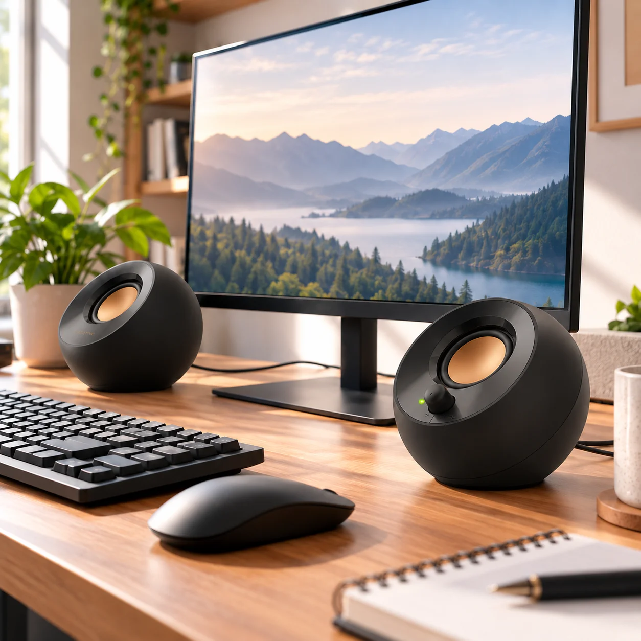 Pair of black Creative Pebble desktop speakers positioned beside a computer monitor on a clean wooden desk.