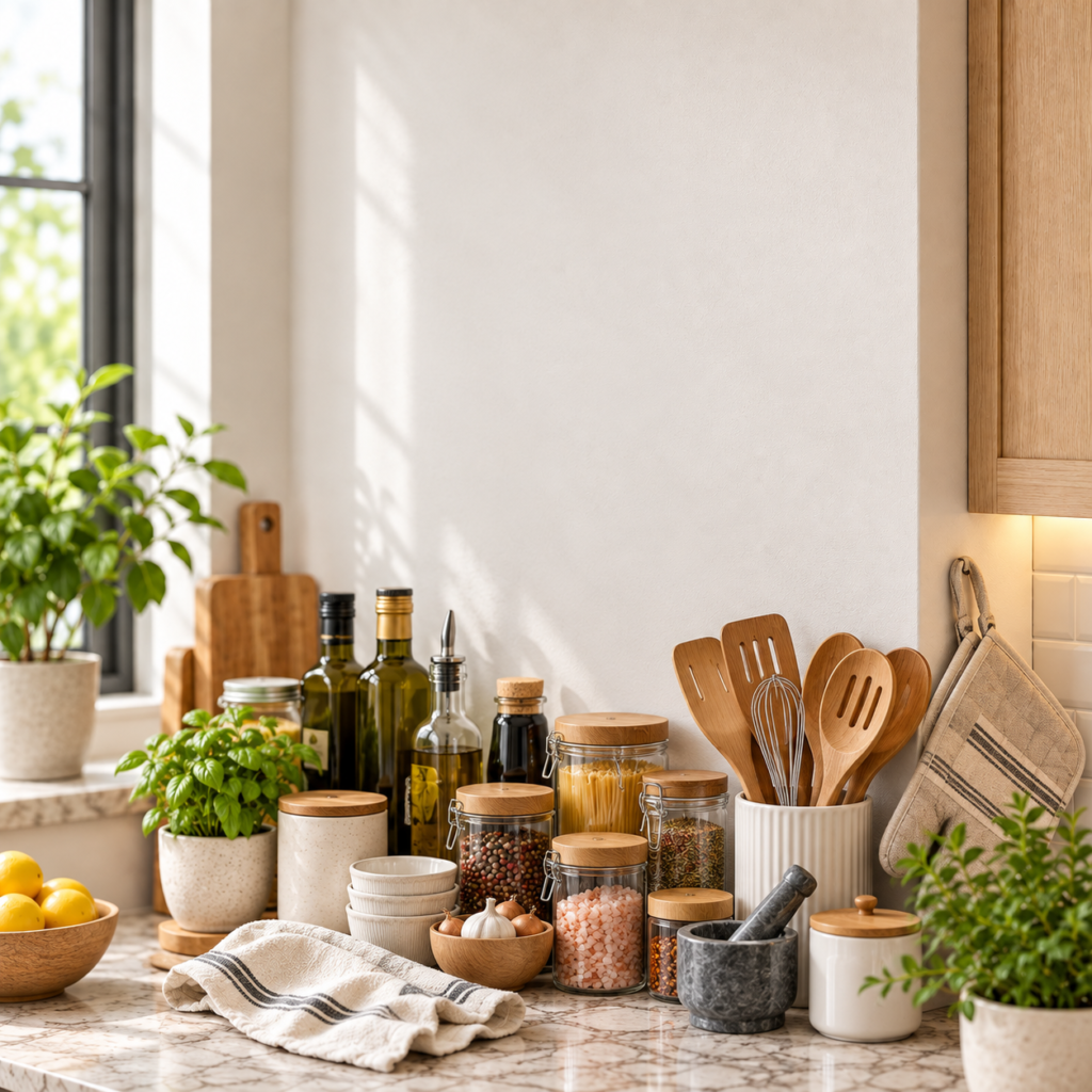 Kitchen counter crowded with spice jars, bottles, utensils, bowls and small containers.