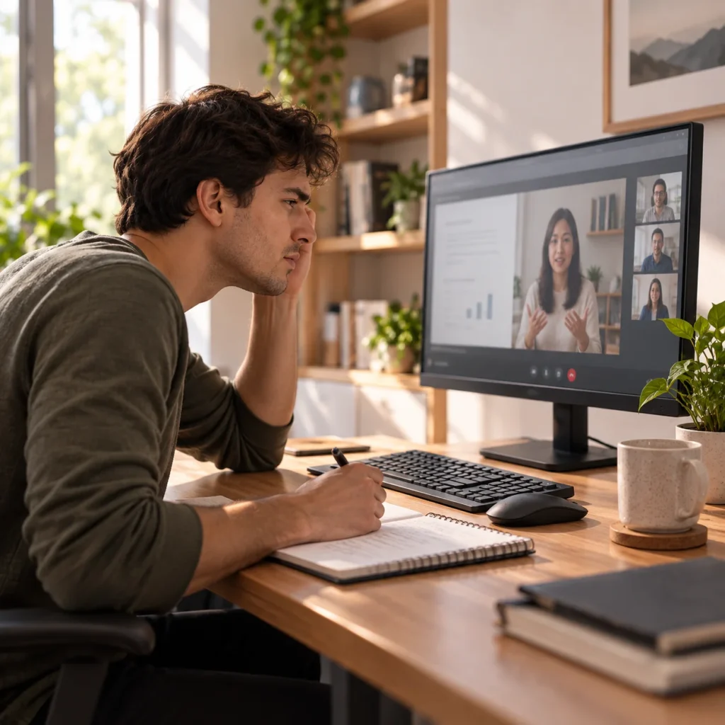 Person working at a desktop monitor on a tidy wooden desk without external speakers.