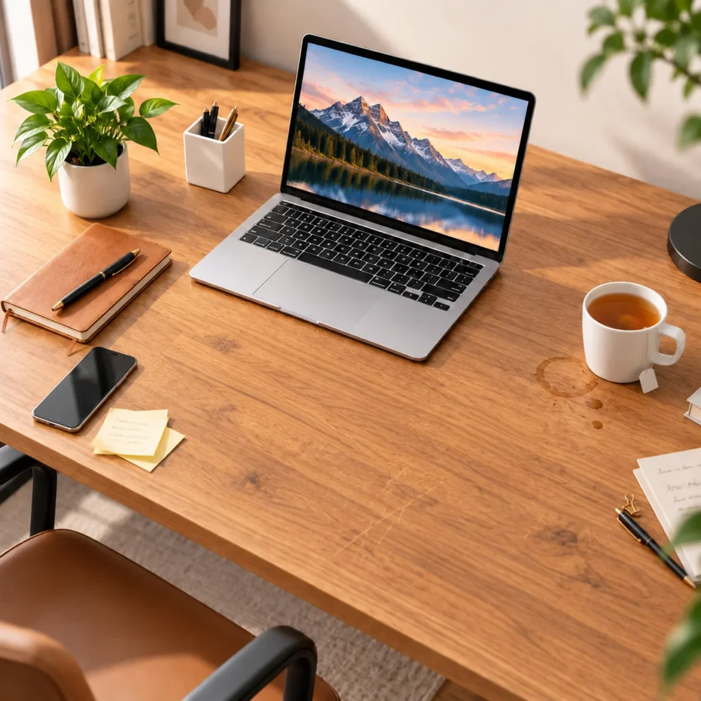 Wood office desk before using a desk pad, with visible wear and a drink ring near the mug.