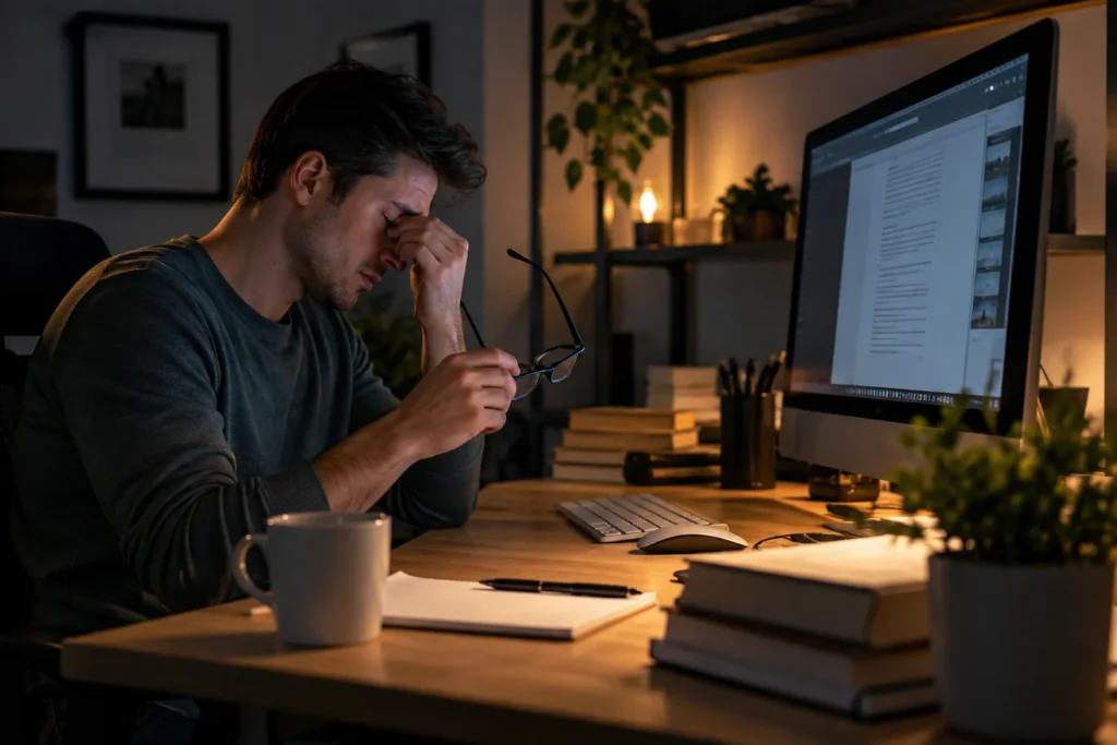Man working at a desktop monitor in a dim room while rubbing tired eyes, with no monitor light bar installed.