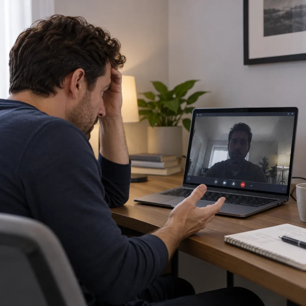 Man on a dim laptop video call before adding an external webcam.