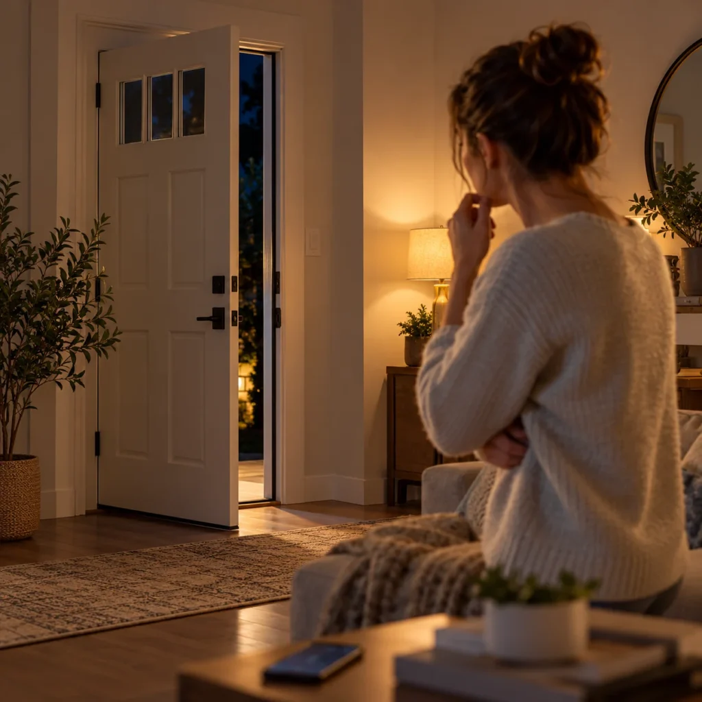 Woman looking toward an open front door at night from inside a living room, before using Ring door and window sensor.