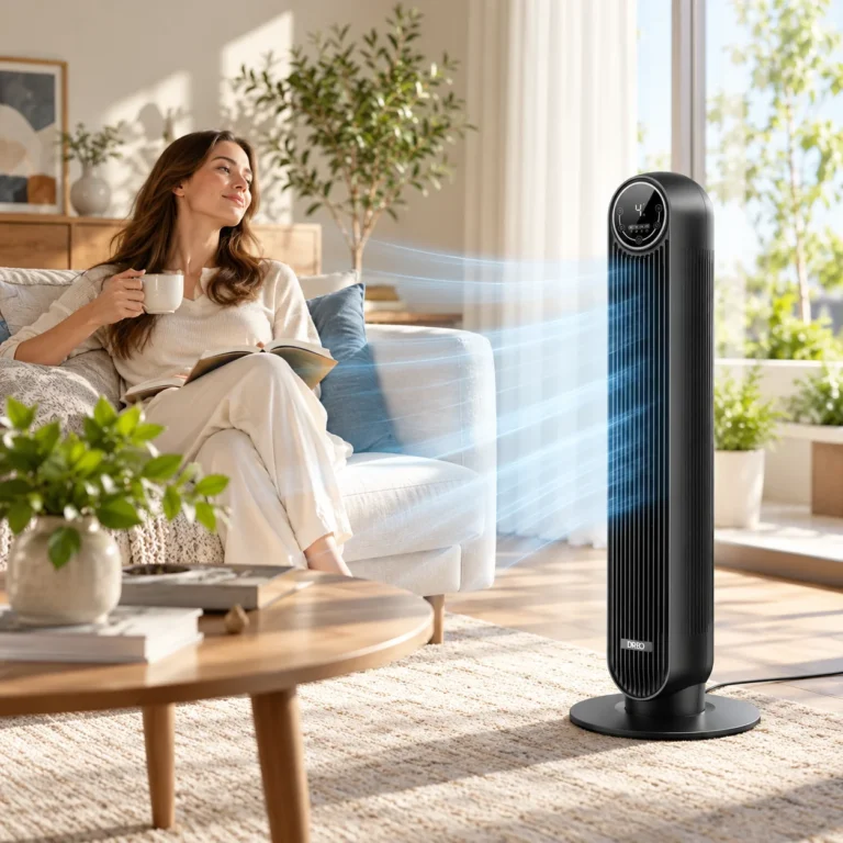 Black Dreo tower fan blowing cool air toward a woman relaxing on a sofa in a bright living room.