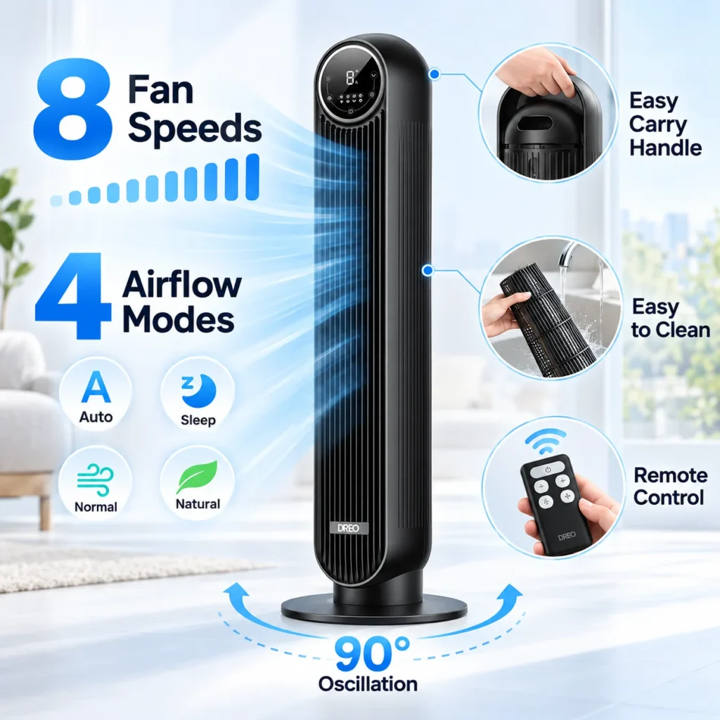 Infographic showing the Dreo tower fan with callouts for 8 fan speeds, 4 airflow modes, 90 degree oscillation, remote control, carry handle and easy cleaning.