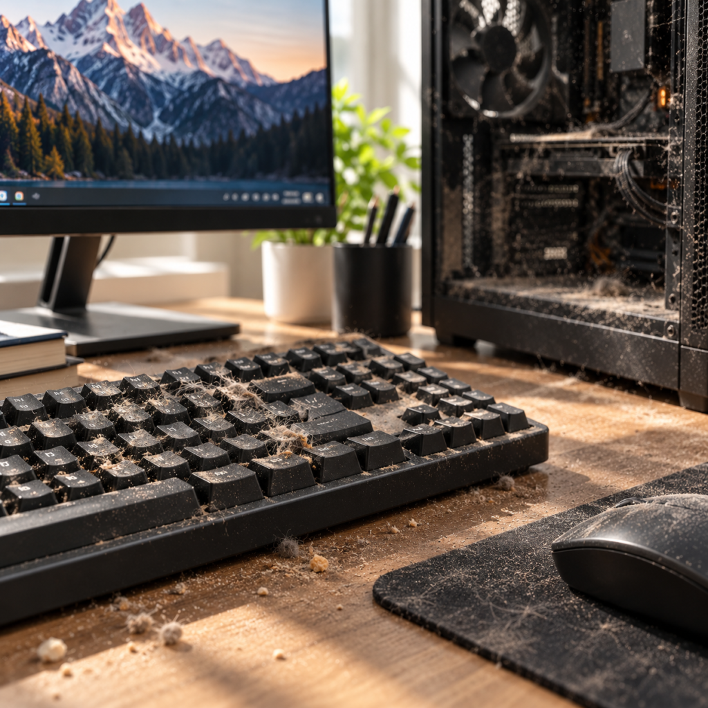 Dusty computer keyboard, mouse pad and desktop PC in a home office before cleaning.