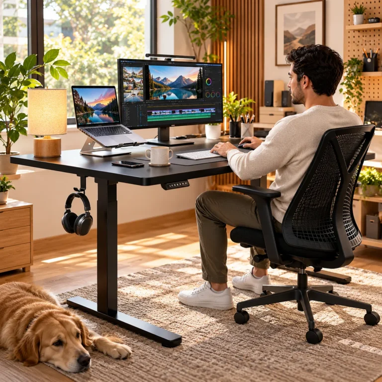 Man working at a black ErGear electric standing desk with a monitor, laptop, keyboard and home-office accessories.