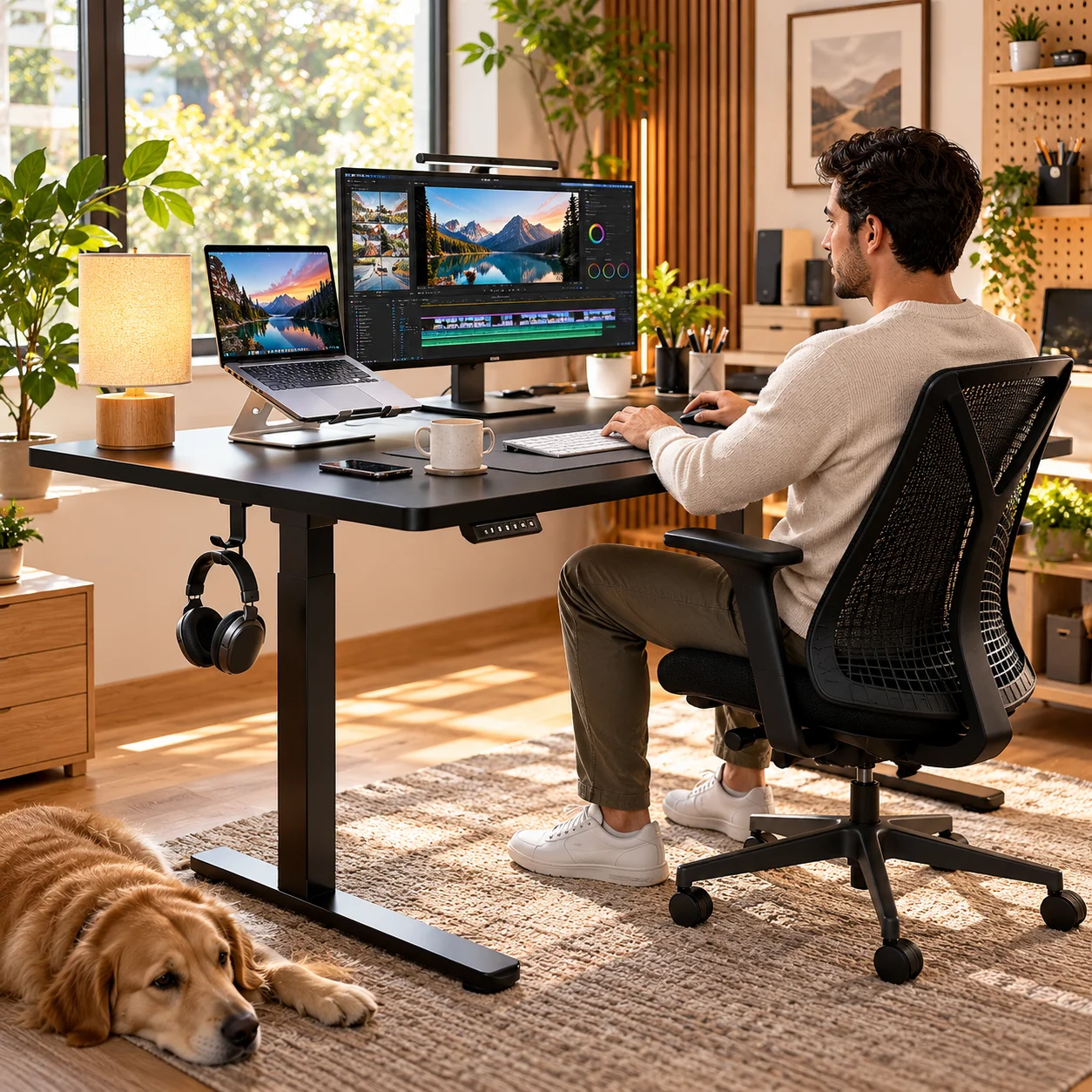 Man working at a black ErGear electric standing desk with a monitor, laptop, keyboard and home-office accessories.