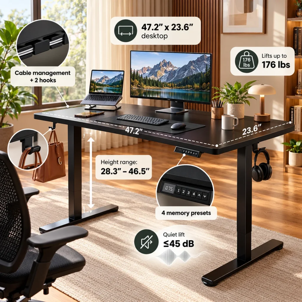 Infographic of the black ErGear standing desk showing a 47.2 by 23.6 inch desktop, 28.3 to 46.5 inch height range, four memory presets and 176 pound load rating.