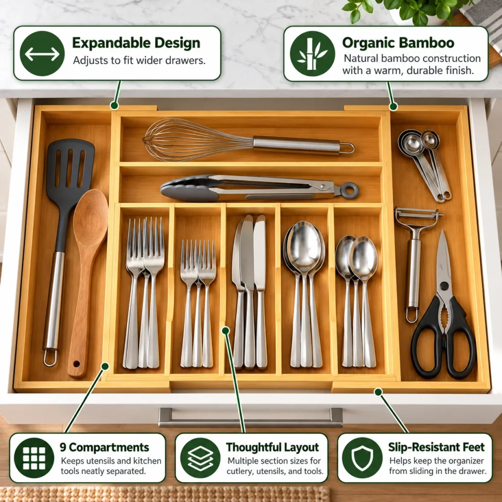 Infographic showing an expandable bamboo drawer organizer with callouts for expandable design, organic bamboo, nine compartments, thoughtful layout, and slip-resistant feet.