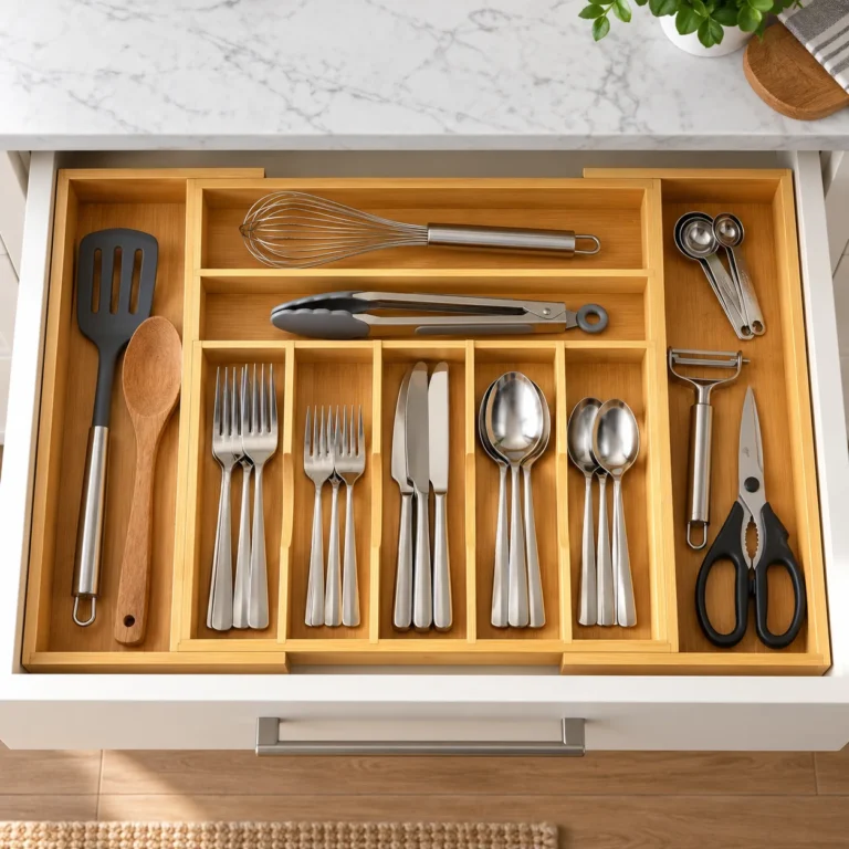 Expandable bamboo drawer organizer neatly holding utensils, silverware, and kitchen tools in a kitchen drawer.