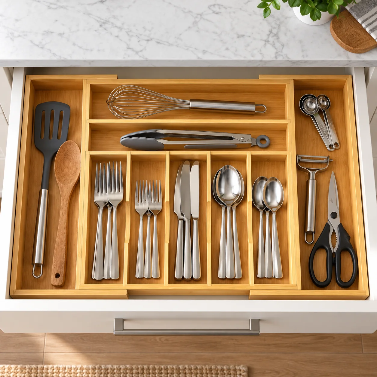 Expandable bamboo drawer organizer neatly holding utensils, silverware, and kitchen tools in a kitchen drawer.