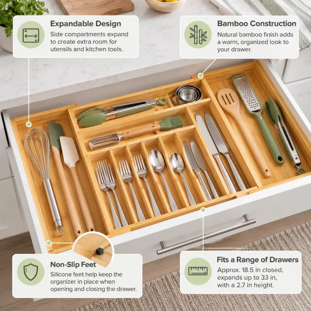 Infographic showing an expandable bamboo kitchen drawer organizer with adjustable sides, bamboo construction, non-slip feet, and drawer-fit dimensions.
