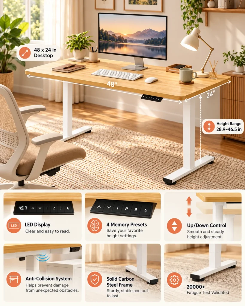 Infographic showing the FLEXISPOT EN1 standing desk dimensions, height range, memory presets, anti-collision feature and steel-frame build.