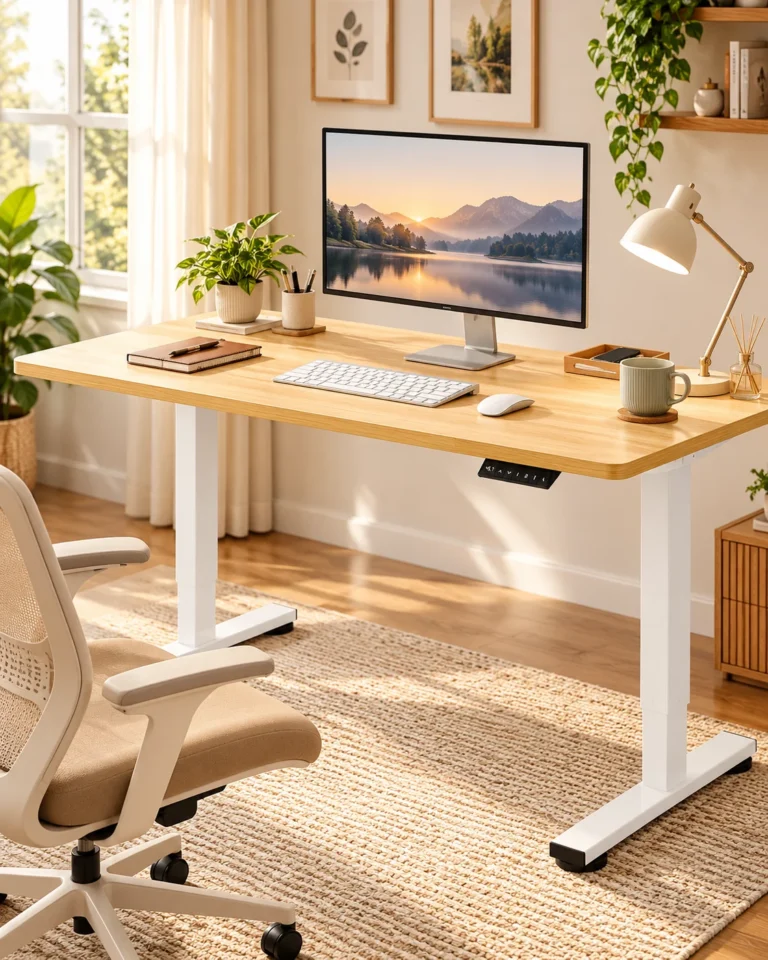 FLEXISPOT EN1 standing desk in a bright home office with a white frame, maple desktop, monitor, keyboard and lamp.