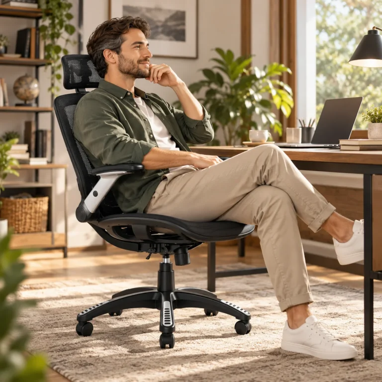 GABRYLLY ergonomic office chair with breathable mesh back, headrest, flip-up armrests, and reclining high-back design in a warm home office.
