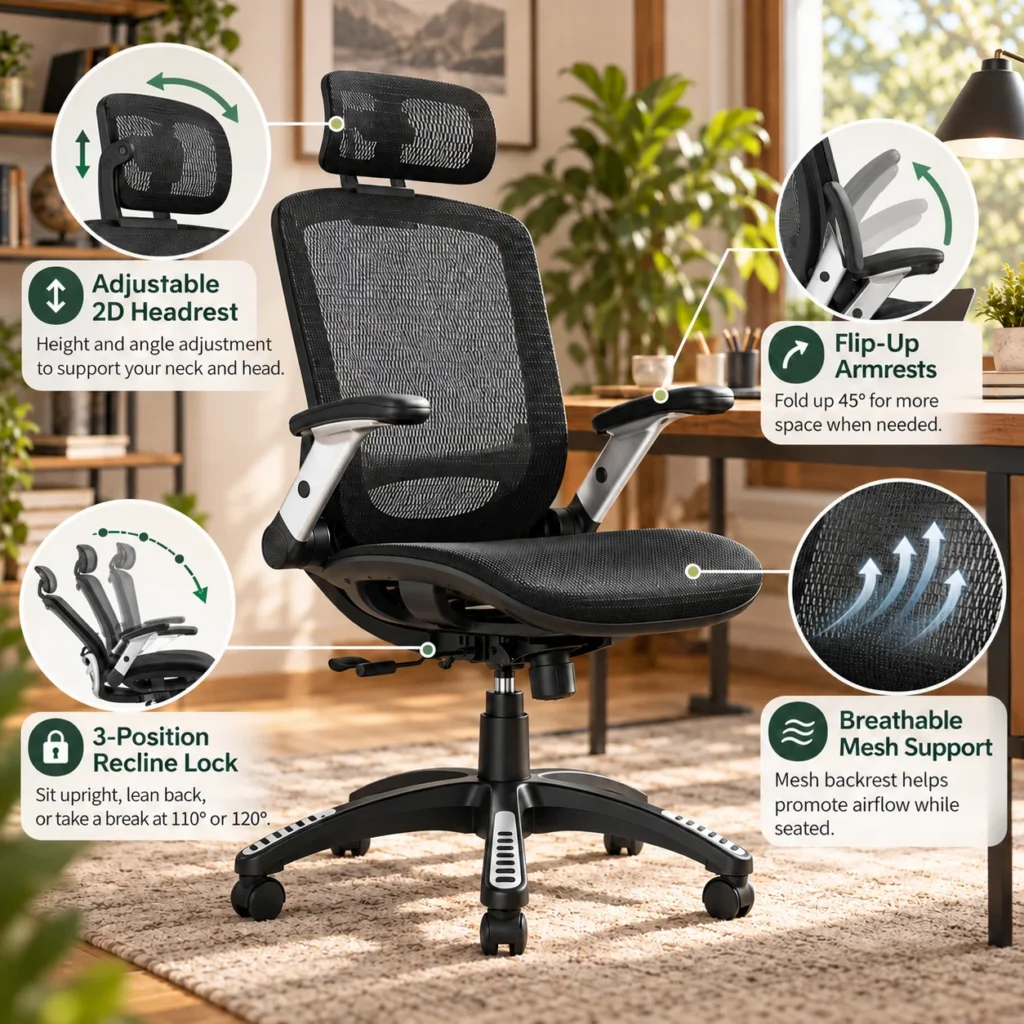 Infographic of a GABRYLLY ergonomic mesh office chair showing adjustable headrest, 45-degree flip-up armrests, 90–120 degree recline positions, and breathable mesh support.