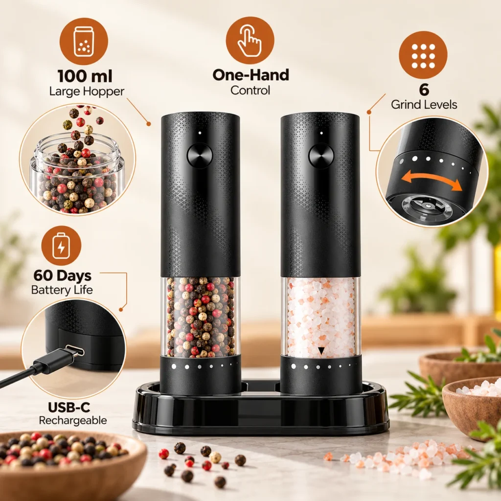 Infographic showing two black electric salt and pepper grinders with 100 ml hoppers, one-hand control, six grind levels, USB-C charging, and battery runtime callout.