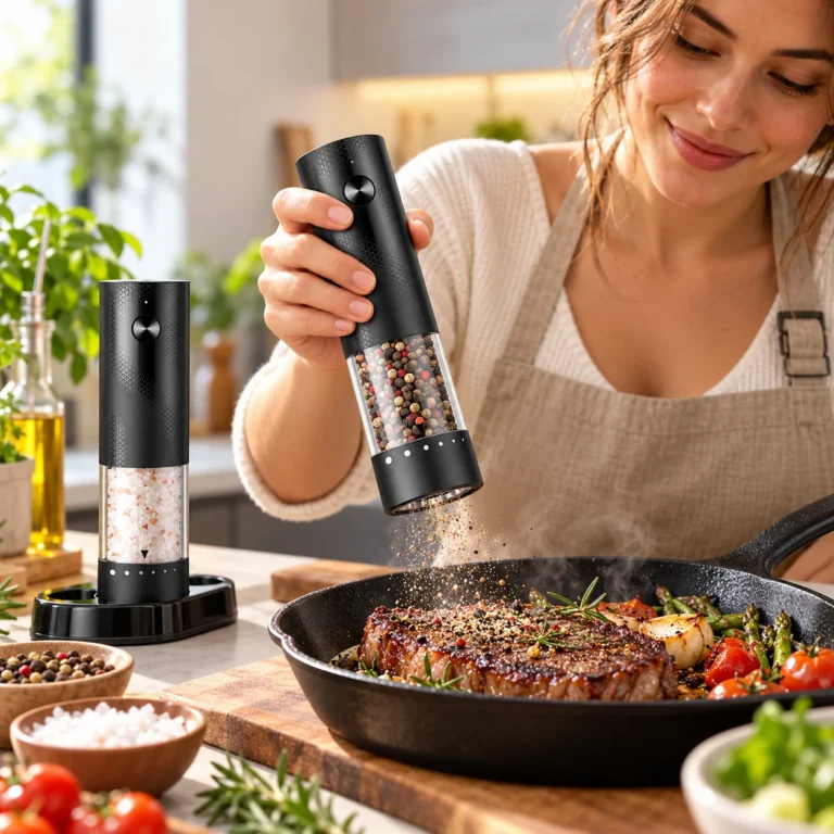 Woman pressing the button on a black electric salt and pepper grinder set over a skillet, with a matching salt grinder standing nearby.