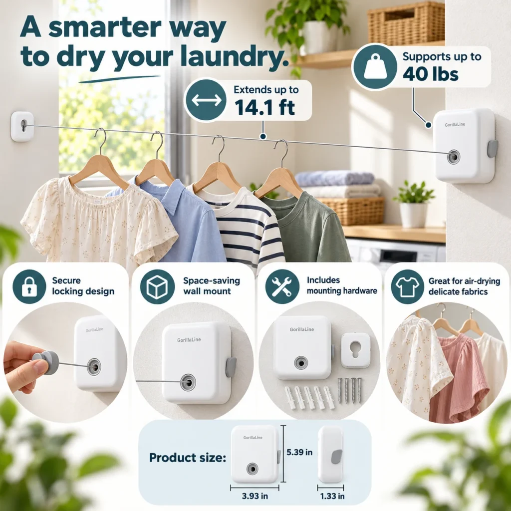 Infographic of the GorillaLine retractable clothesline showing 14.1 foot extension, support up to 40 pounds, locking design, wall mount, included hardware, and product dimensions.