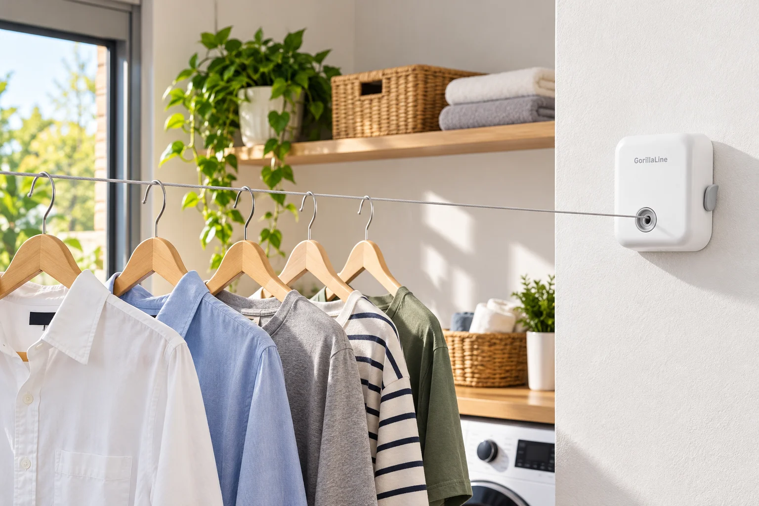 GorillaLine retractable clothesline mounted in a laundry room with shirts hanging neatly to air-dry.