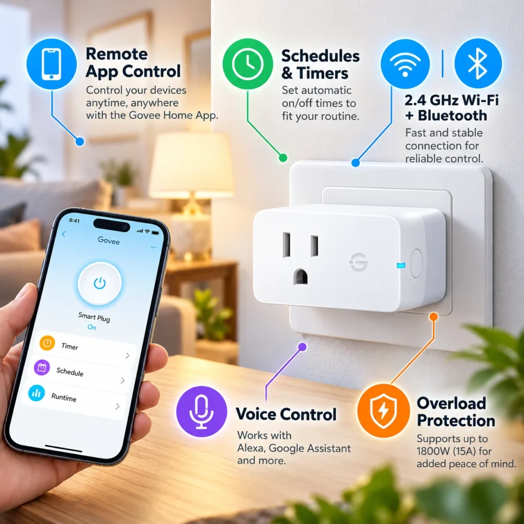 Infographic showing the Govee smart plug with remote app control, schedules and timers, 2.4 GHz Wi-Fi plus Bluetooth, voice control, and overload protection up to 1800W 15A.