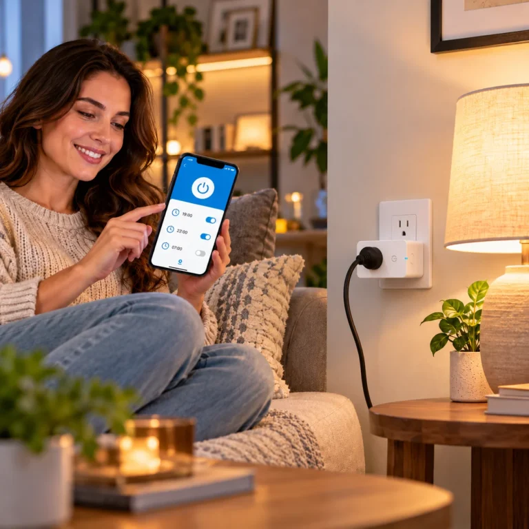 Govee smart plug with energy monitoring connected to a lamp while a woman controls it from the couch with the Govee app.