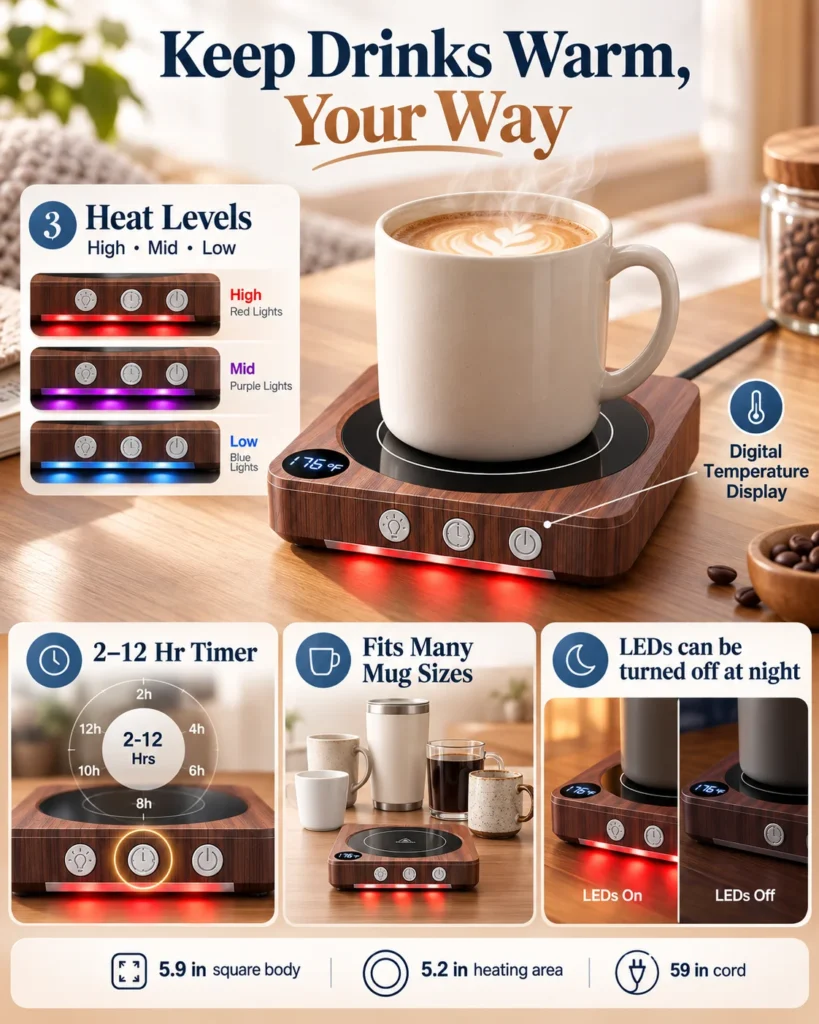 Infographic of a wood-finish coffee mug warmer showing three heat levels, digital temperature display, timer, mug compatibility and LED light control.