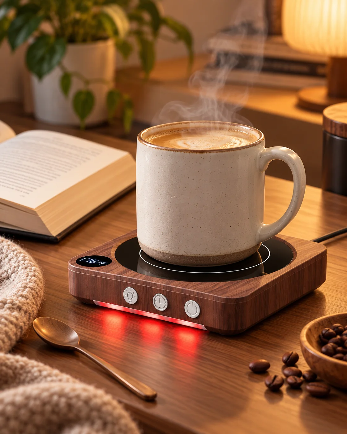 White ceramic mug on a wood-finish House Gem coffee mug warmer with a digital temperature display.