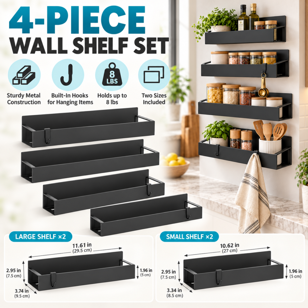 Infographic showing four black magnetic refrigerator shelves with feature and size callouts.