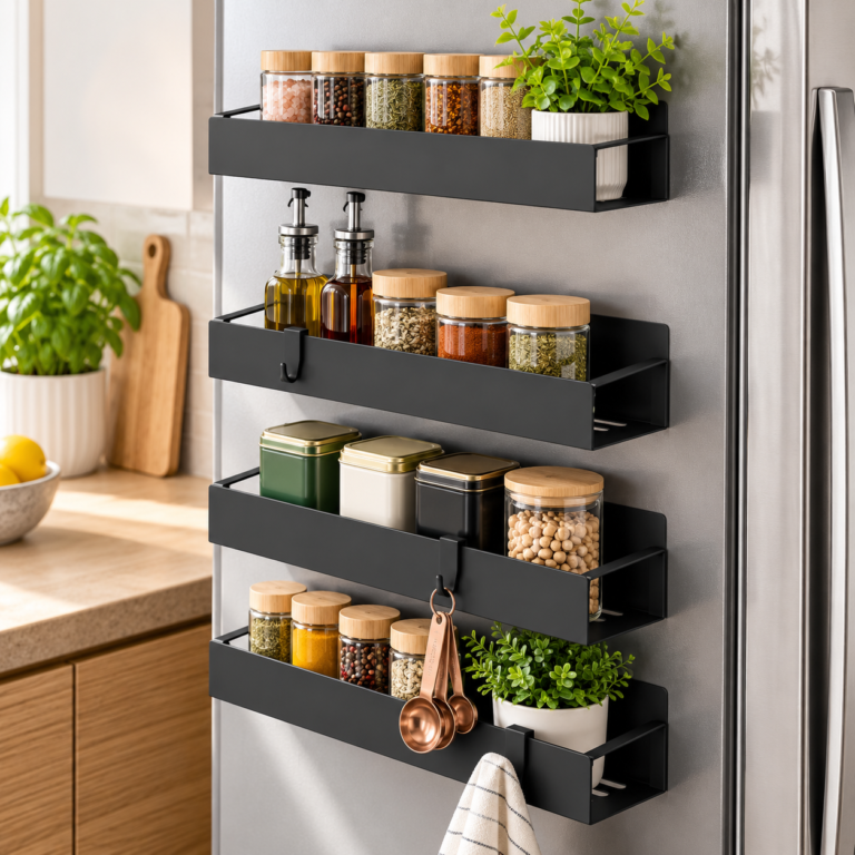 Four black magnetic storage shelves holding spice jars, containers and small kitchen items on the side of a refrigerator.