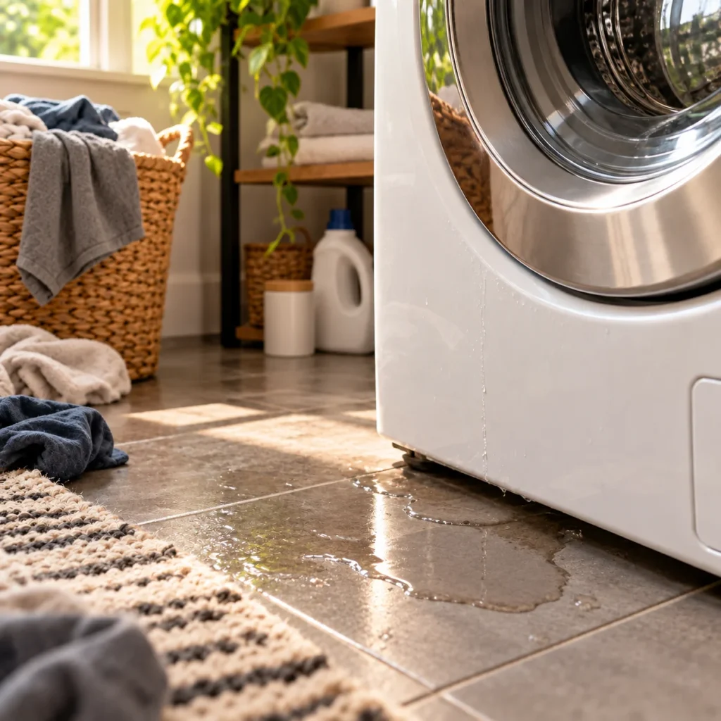 Water leaking onto a laundry room tile floor beside a washing machine, with towels and laundry nearby.