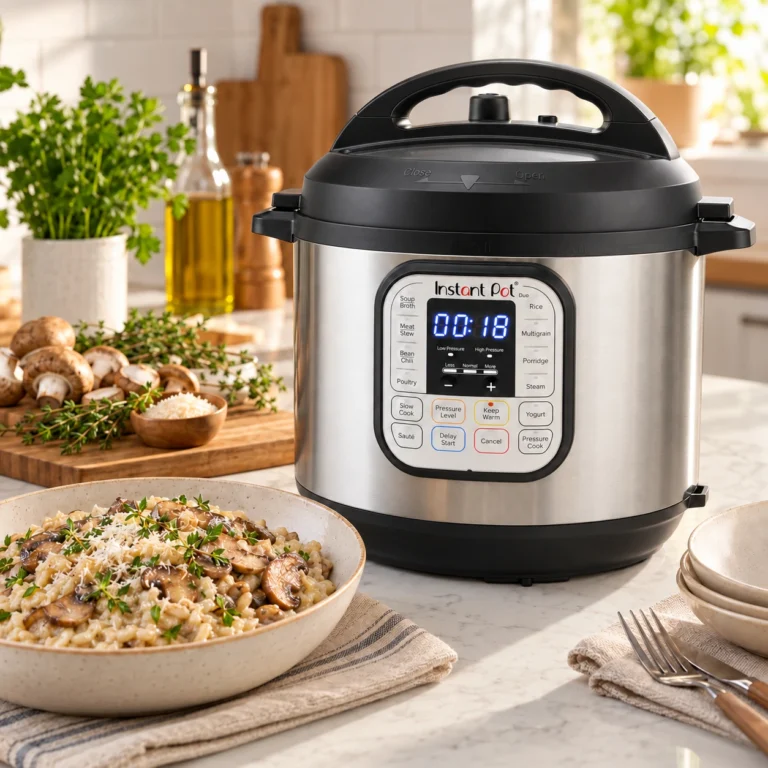 Instant Pot Duo 6 Qt on a kitchen counter beside a bowl of mushroom rice and serving dishes.
