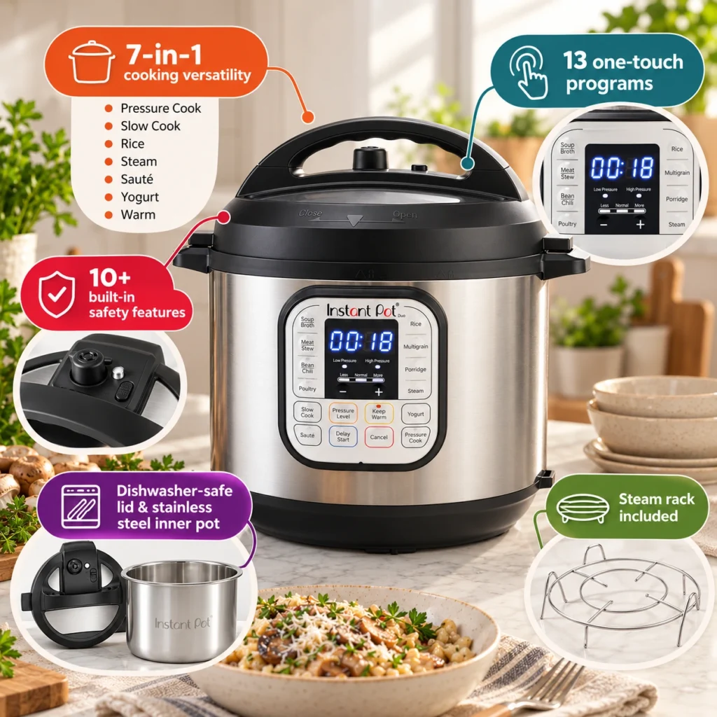 Instant Pot Duo infographic showing seven cooking functions, one-touch programs, safety features, washable parts, and a steam rack.