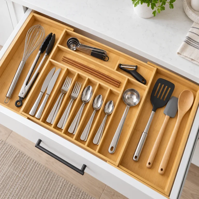 Expandable bamboo silverware organizer neatly arranging flatware and cooking utensils inside a white kitchen drawer.